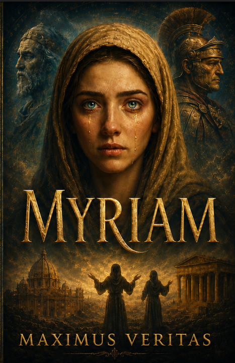 MYRIAM by Maximus Veritas: a woman with blue eyes framed by ancient figures and golden ruins